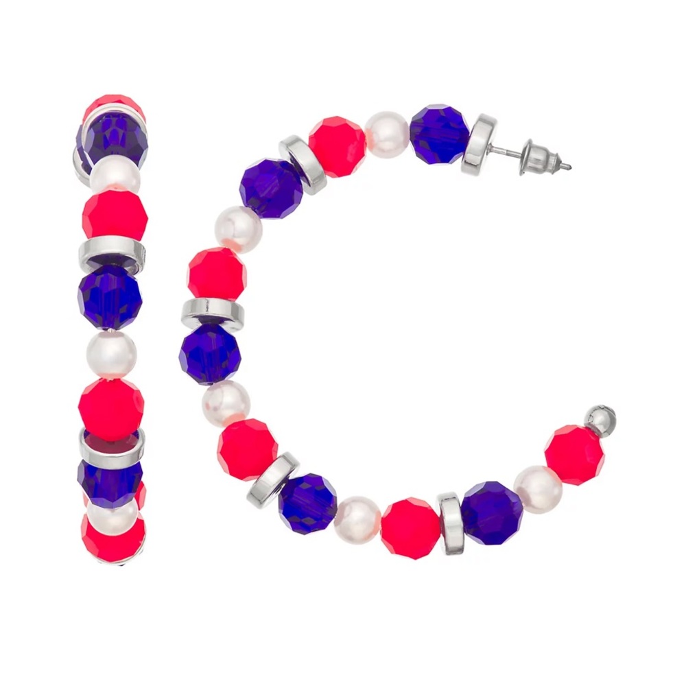 America Beaded C-Hoop Red White & Blue Earrings Labor Day USA